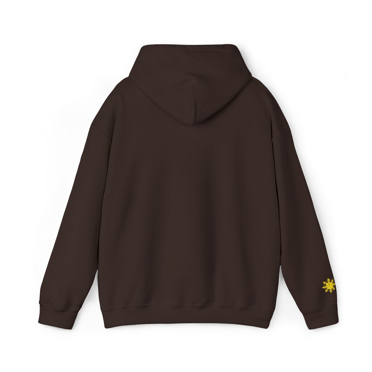 Philippines Graphic Hoodie — Minimal White Text with Gold Sun Sleeve Accent