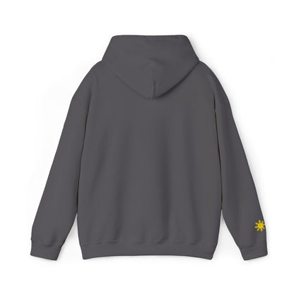 Philippines Graphic Hoodie — Minimal White Text with Gold Sun Sleeve Accent