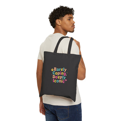 Barely Coping Deeply Iconic Tote | mental health humor, retro wavy text