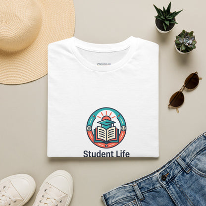 Student Life T-Shirt — Campus Book & Sunrise Design