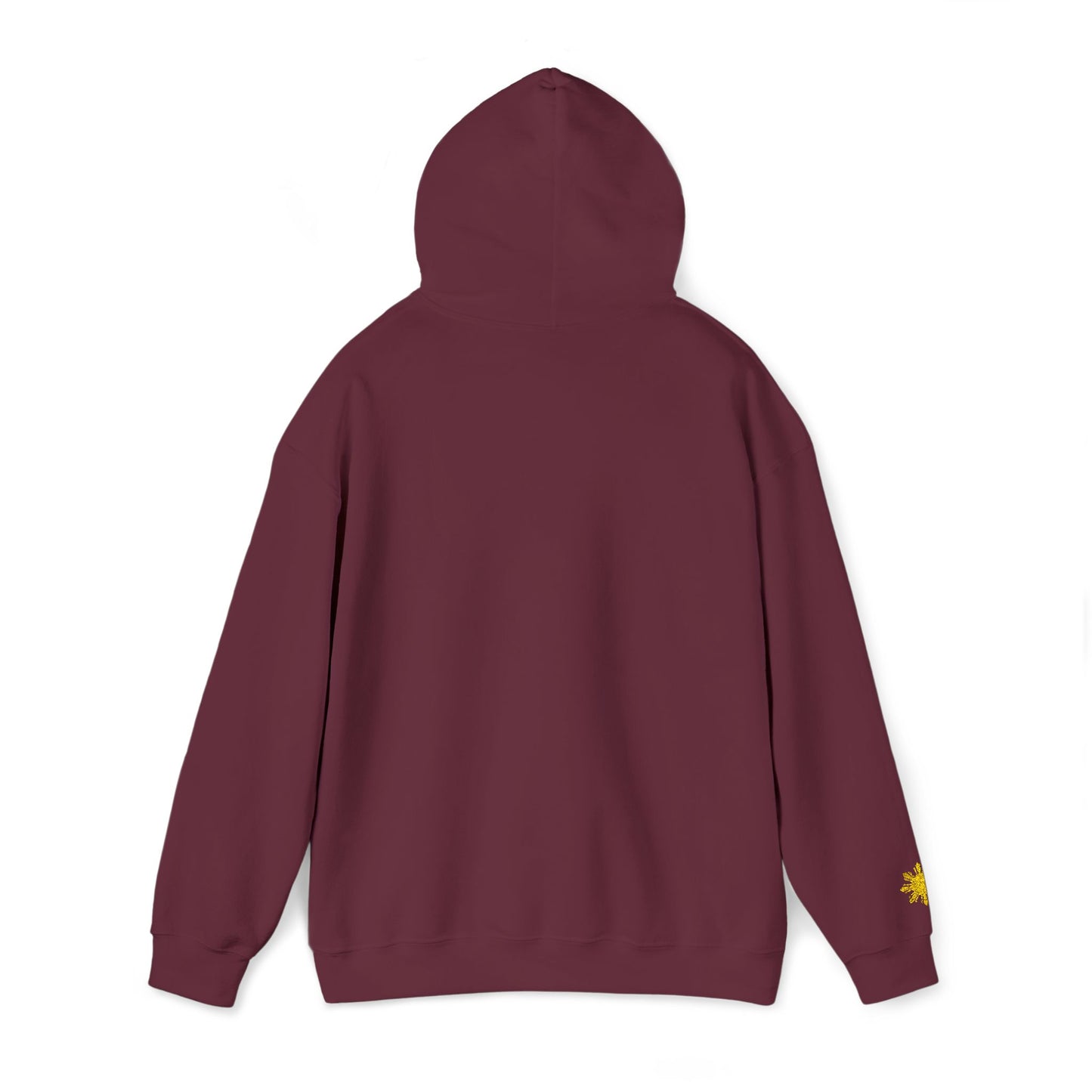 Philippines Graphic Hoodie — Minimal White Text with Gold Sun Sleeve Accent