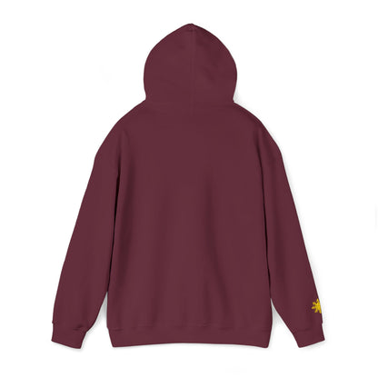 Philippines Graphic Hoodie — Minimal White Text with Gold Sun Sleeve Accent